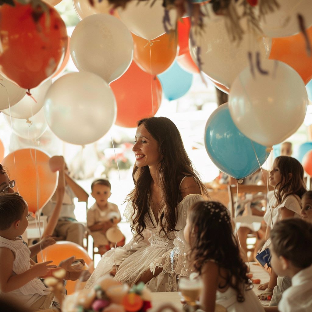 Wedding kids entertainer caring for children with balloons